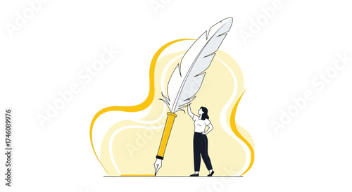 Illustration of a woman holding a giant quill pen, creative writing concept