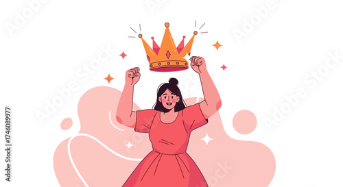 Illustration of a woman holding a crown with sparkling stars representing success and victory