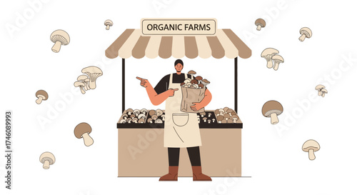 Illustration of a seller at an organic farm stand with various types of mushrooms for sale