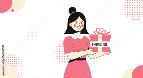 Illustration of a woman holding a gift box with the word promotion for any advertising events or sales