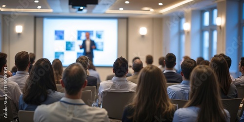 Audience Watching a Presentation. Defocused Blurred Presenter During Conference Meeting