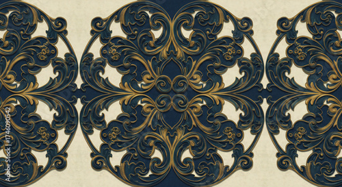 ornate damask pattern with gold and dark blue elements.