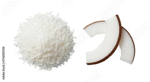Freshly shredded coconut and two crescent-shaped coconut flakes, white background isolated