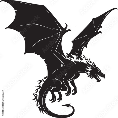 Black silhouette of a dragon flying, wings spread fire, tail curved, fantasy outline
