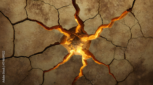 Cracked Earth Revealing Molten Gold Core, Lava Seeping Through Dry Ground Cracks, Magma Glowing Under Drought-Stricken Soil