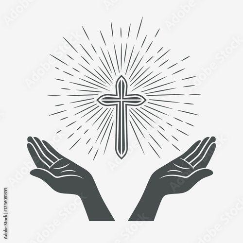 Black and White Open Hands with Cross and Divine Light, Symbol of Faith and Prayer. Design Template for Church Logo. Prayer, Religion Concept Monochrome Cut Out Silhouette Icon. Vector Illustration