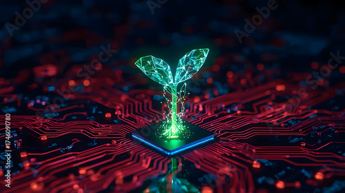 Digital Plant Growing on Circuit Board, Green Technology and Sustainable AI, Futuristic Bio-Tech Sprout