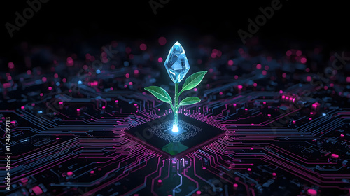 Digital Plant Growing on Circuit Board, Green Technology and Sustainable AI, Futuristic Bio-Tech Sprout