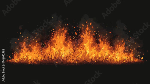 Horizon of vivid orange flames suitable for concepts of heat, danger, power, energy, or inferno in design projects.
