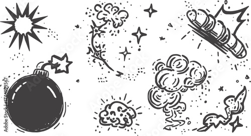Sun bomb stars clouds and smoke artfully arranged, perfect for eyecatching backgrounds, futuristic designs, celestialthemed projects, and impactful visual storytelling.