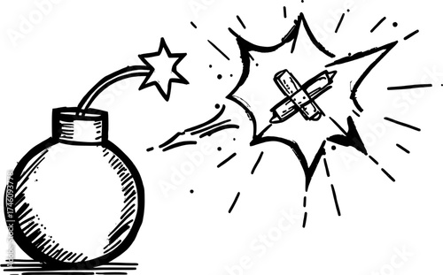 Explosive design featuring bombs and pencils. Suitable for creative concepts, graphic designs, and illustrations. Perfect for impactful visual communication.