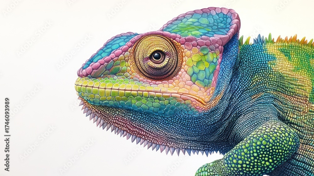 Fototapeta premium Colorful chameleon portrait, studio shot, white background, adaptation