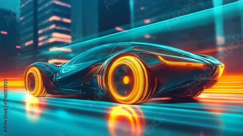 Futuristic Neon Sports Car Speeding Through Cyberpunk Cityscape at Night.