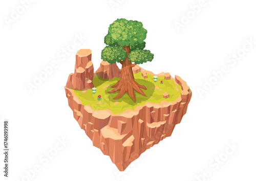 Isometric floating natural island with big trees