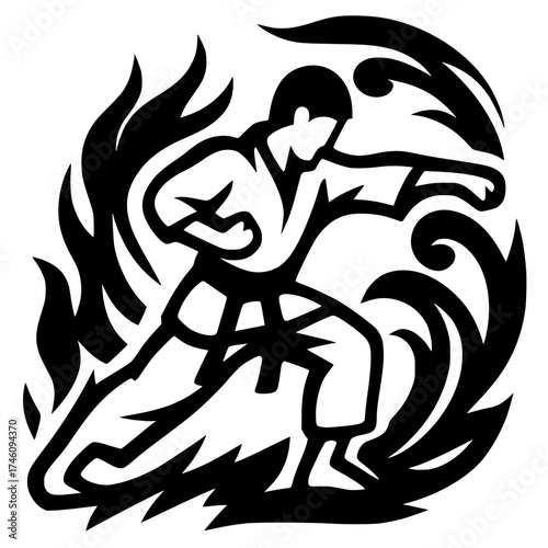 Martial artist silhouette punching with dynamic flame background
