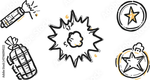 Drawings showcasing a grenade explosion and two star emblems, ideal for militaryrelated designs, gaming illustrations, and actionpacked visuals.