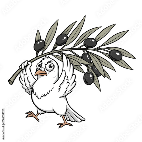 An angry cartoon dove carrying an olive branch with black olives, symbolizing peace and conflict