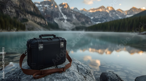 Rugged Hard Case on Mountain Lake Shore, Adventure Gear by Turquoise Lake, Watertight Equipment Box in the Wilderness