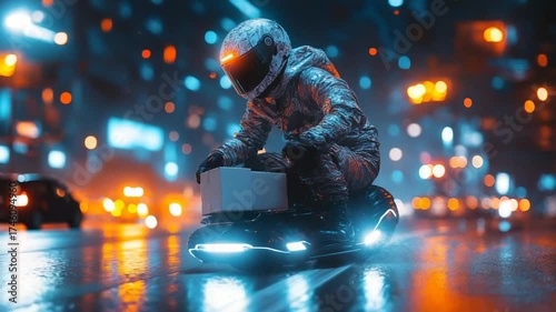 Futuristic Night Ride - A Lone Biker in a Neon Cityscape.