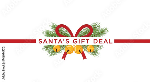 Santas gift deal with christmas tree branches, ribbon, and golden jingle bells isolated on white background