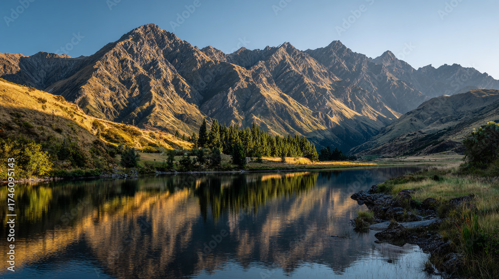 Fototapeta premium A serene mountain lake perfectly reflects the rugged, sunlit valley walls and rocky peaks during sunrise, showcasing clear water and shoreline grass.