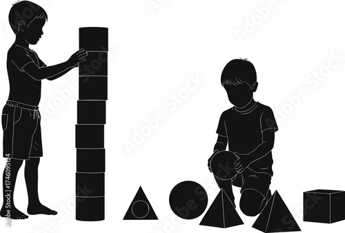 Silhouette children playing with geometric solids, preschool learning activity, educational vector illustration, early childhood development, spatial reasoning, stacking blocks, shape exploration