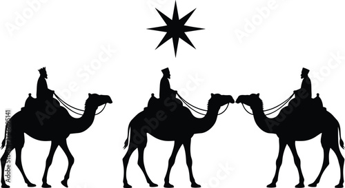 Three Wise Men on Camels Silhouette, Star of Bethlehem, Nativity Scene, Biblical Journey, Christmas Tradition, Religious Vector, Black and White Illustration
