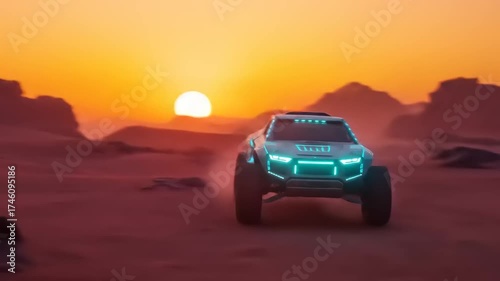 Futuristic off-road vehicle racing in desert sunset