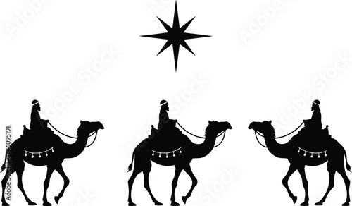 Three Wise Men on Camels Silhouetted Under Star of Bethlehem, Christmas Nativity Scene, Religious Journey, Epiphany Celebration, Biblical Magi Illustration
