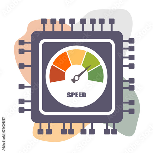 Instrument scale with arrow inside CPU microprocessor. Speed level measuring device