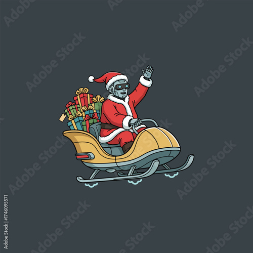 Robot Santa Claus Riding Sleigh Delivering Presents - Christmas Holiday