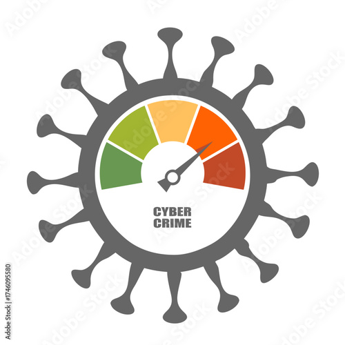Virus icon with measuring device inside. Cyber threats concept. Hack danger indicator, phishing measuring for data centers, web, hosting and networking service.