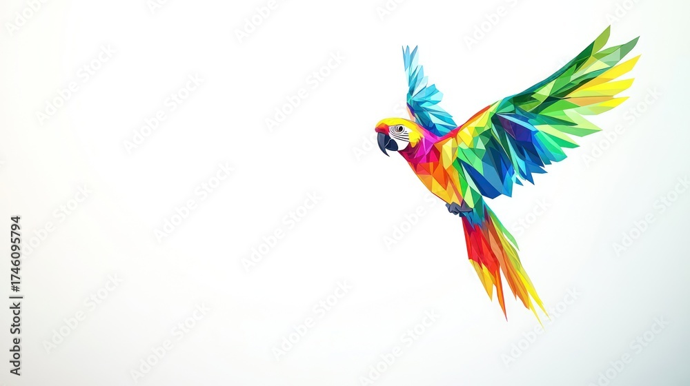 Fototapeta premium Colorful parrot flying, low-poly style, white background, design element