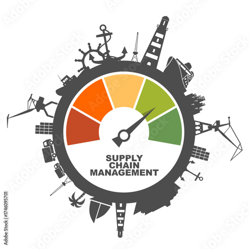 Circle with sea shipping icons and supply chain management quality meter scale. Cargo shipping concept.
