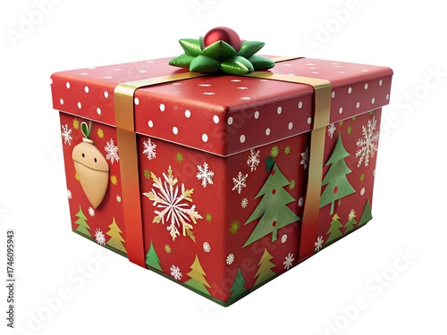 Festive Christmas Gift Box with Red Bow, Elegant Holiday Present Box Illustration, Classic Red and Gold Christmas Gift Box Vector Illustration 