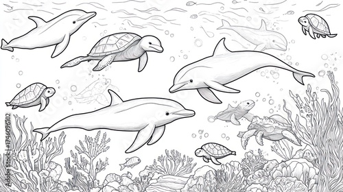 Fototapeta Naklejka Na Ścianę i Meble -  Dolphins, turtles swim ocean coral reef coloring page