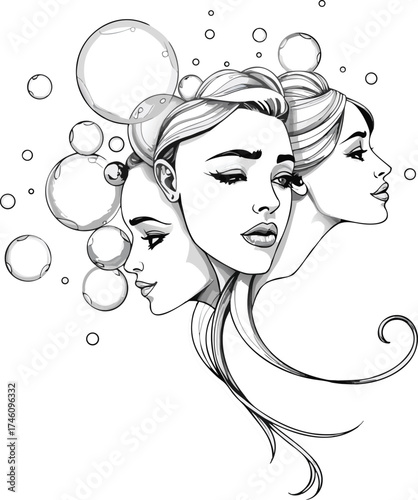 Surreal Fusion of Feminine Faces and Bubbles A Striking Black and White Illustration
