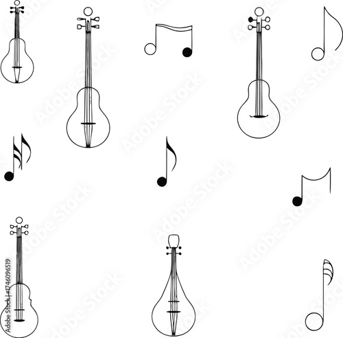 Harmonious Arrangement of Stringed Instruments and Musical Notes Creating a Symphony of Visual Rhythm and Melodic Design

