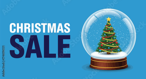 Christmas sale banner with snow globe and christmas tree on blue background for promotion and advertising