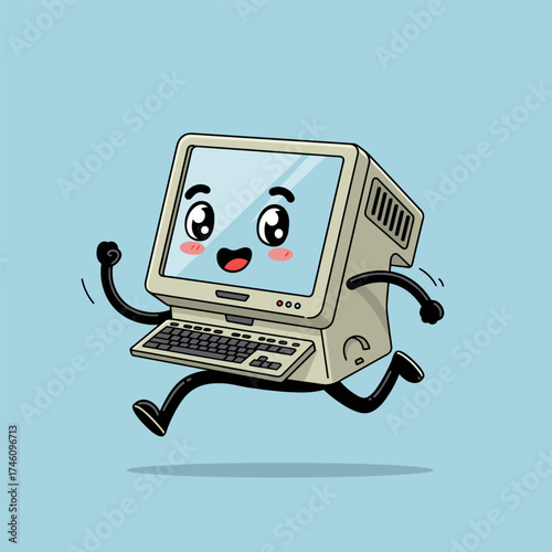 Cartoon vintage computer with smiling face and rosy cheeks joyfully runs or jumps, set against a light blue background.