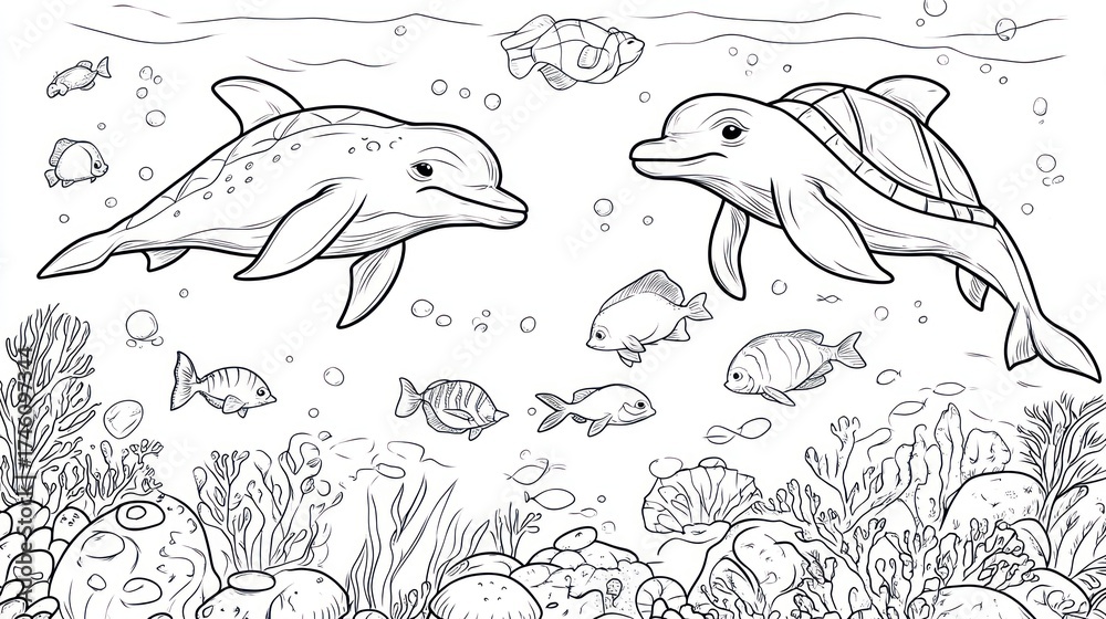 Fototapeta premium Dolphins, turtle, reef, ocean, coloring page, underwater, sea life, activity