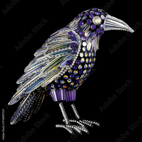 Ornate jeweled raven figurine with sparkling gemstones on black background