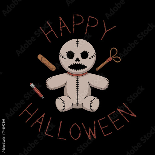 Creepy voodoo doll with halloween greetings and sewing supplies