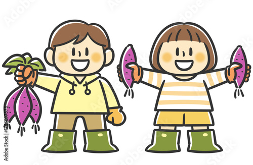 さつまいもを収穫する男の子と女の子