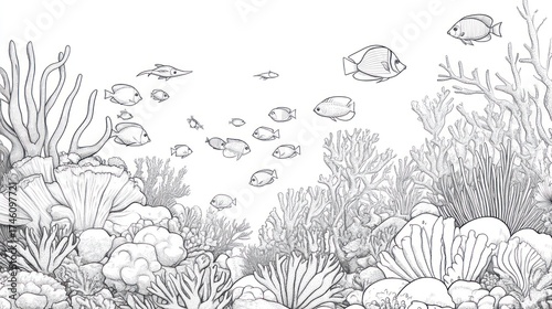 Fototapeta Naklejka Na Ścianę i Meble -  Monochrome coral reef fish schooling, ocean background, illustration, underwater scene