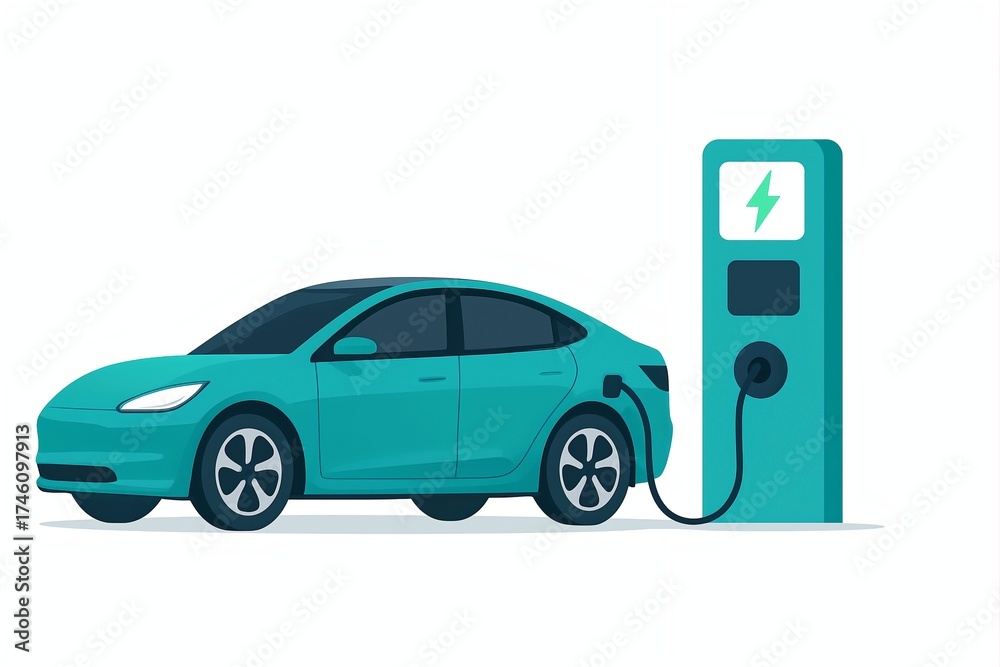 Naklejka premium Electric Car Charging at EV Station Illustration