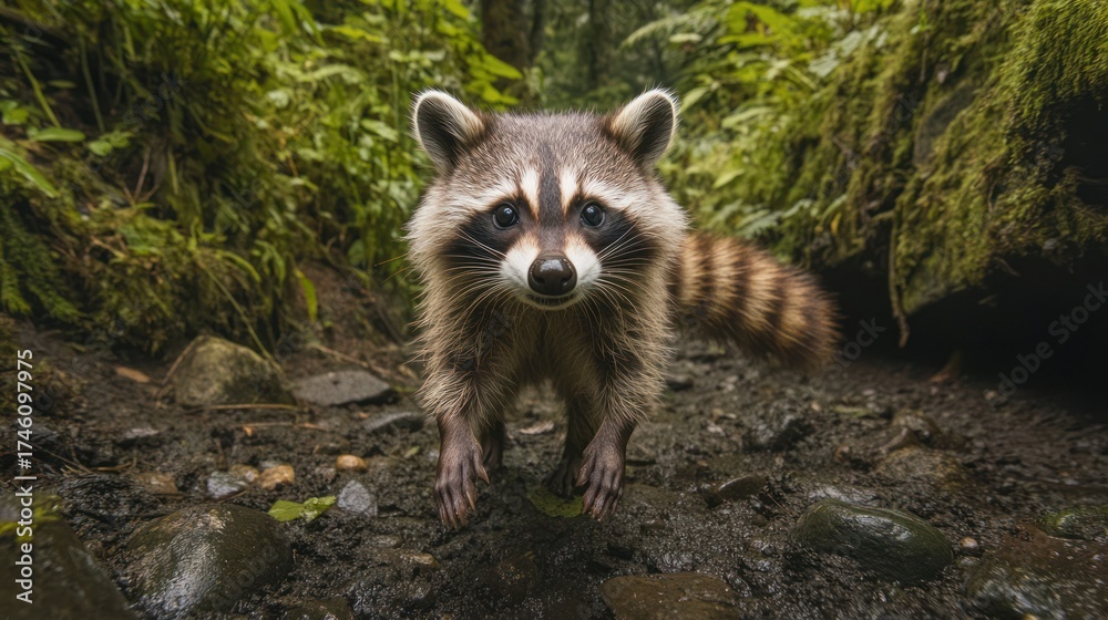 Fototapeta premium Raccoon walking forest stream, mossy background, wildlife documentary