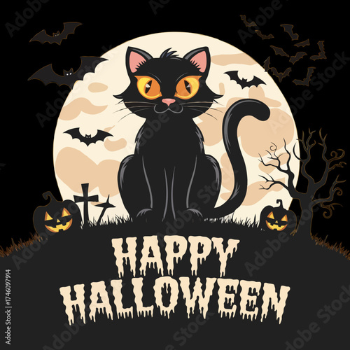 Spooky black cat sits in front of a full moon on halloween night
