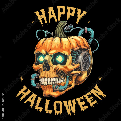 Scary halloween pumpkin skull with glowing eyes and worms