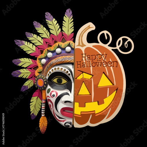 Split face halloween pumpkin and native american headdress art